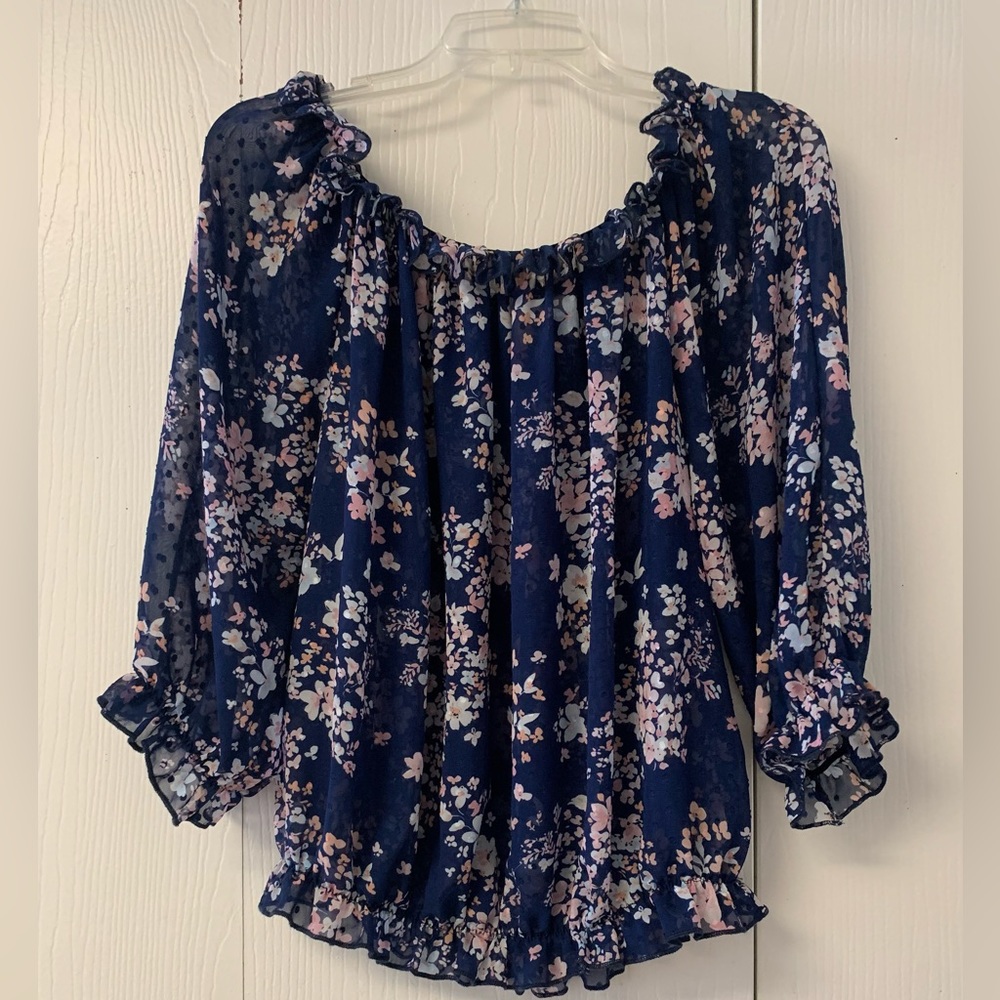 Semi Sheer Blouse Three Quarter Sleeves Blue with Pink Floral Size 3X